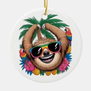 Kawaii Tropical Sloth – Cute Summer Vibes Rainbow Ceramic Ornament