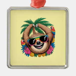 Kawaii Tropical Sloth – Cute Summer Vibes Rainbow Metal Ornament