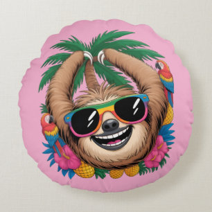 Kawaii Tropical Sloth – Cute Summer Vibes Rainbow Round Cushion