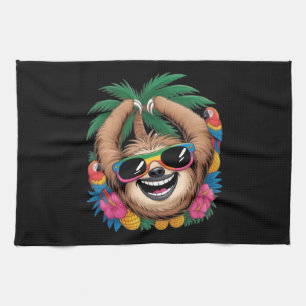 Kawaii Tropical Sloth – Cute Summer Vibes Rainbow  Tea Towel