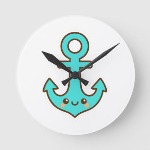 Kawaii Turquoise Anchor – Whimsical & Cheerful Round Clock