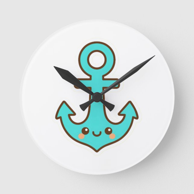 Kawaii Turquoise Anchor – Whimsical & Cheerful Round Clock (Front)