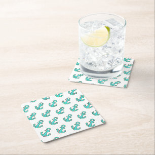 Kawaii Turquoise Anchor – Whimsical & Cheerful Square Paper Coaster