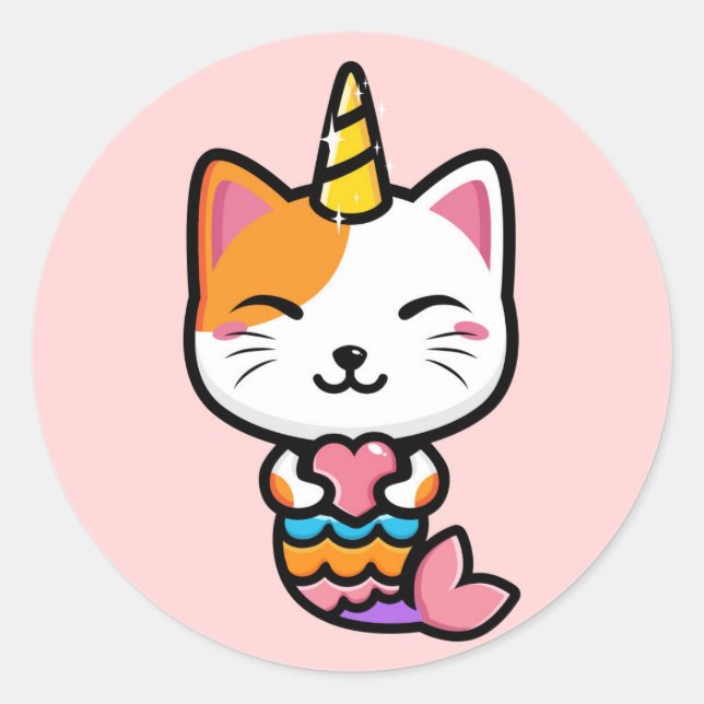 Kawaii Uni-Cat Mermaid Classic Round Sticker (Front)