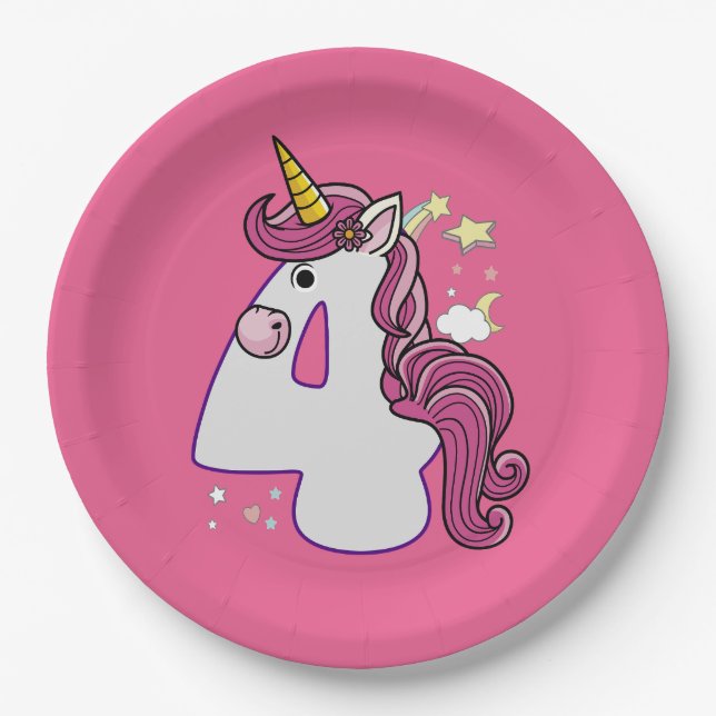 Kawaii Unicorn 4th Birthday Outfit Gift T-Shirt Paper Plate (Front)