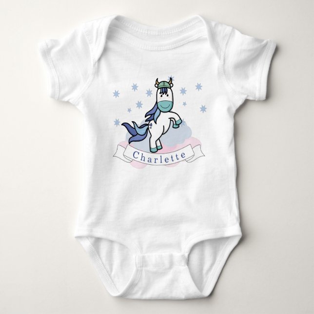 Kawaii Unicorn Colourful Cute Stars Clouds Name Baby Bodysuit (Front)