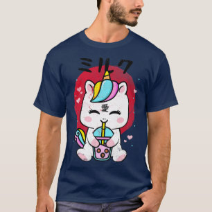 Kawaii Unicorn Drinking Strawberry Milk Bubble Tea T-Shirt