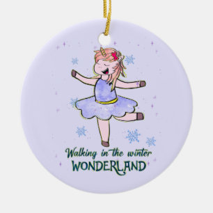 Kawaii Unicorn   Walking during Winter Ceramic Ornament