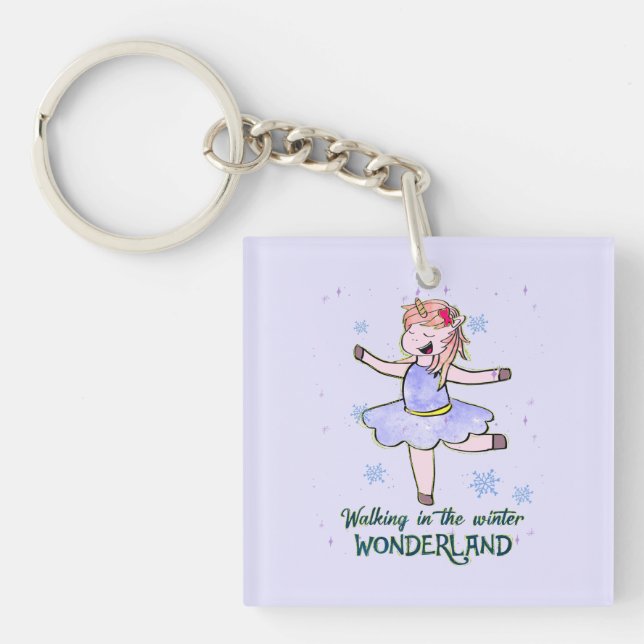 Kawaii Unicorn | Walking during Winter Key Ring (Front)