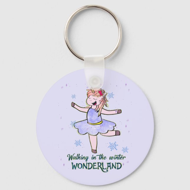 Kawaii Unicorn | Walking during Winter Key Ring (Front)
