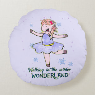 Kawaii Unicorn Walking during Winter Round Cushion