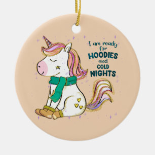 Kawaii Unicorn Winter and Hoodies Ceramic Ornament