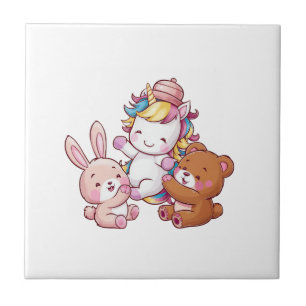 Kawaii unicorn with bunny and teddy bear Long Slee Ceramic Tile