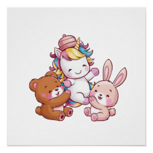 Kawaii unicorn with bunny and teddy bear Long Slee Poster