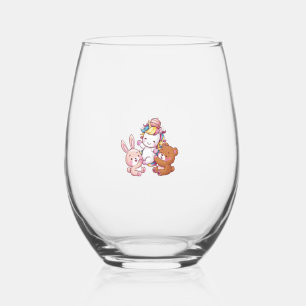 Kawaii unicorn with bunny and teddy bear Long Slee Stemless Wine Glass