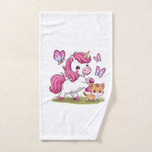 Kawaii unicorn with cat and butterflies Long Sleev Hand Towel