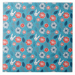 Kawaii Usagi Floral Pattern Ceramic Tile<br><div class="desc">This is a pattern of rabbits (‘usagi’ in Japanese),  various flowers,  and leaves. It was coloured in teal and scarlet colours. This is a hand drawn art. The pattern and colour is influenced by modern Japanese kimonos.</div>