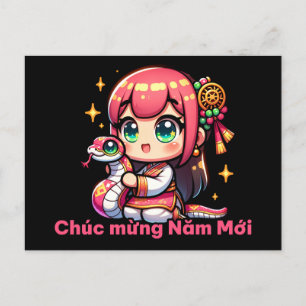 Kawaii Vietnamese New Year Girl & Snake Postcard