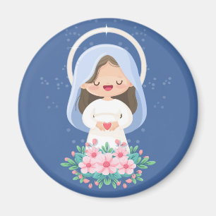 Kawaii Virgin Mary with Heart and Flowers – Navy Magnet