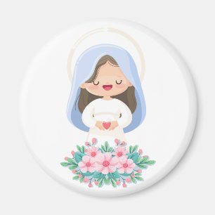 Kawaii Virgin Mary with Heart and Flowers – White Magnet