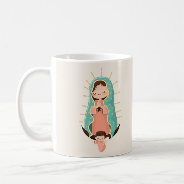 Kawaii Virgin of Guadalupe with angel and prayer Coffee Mug (Left)