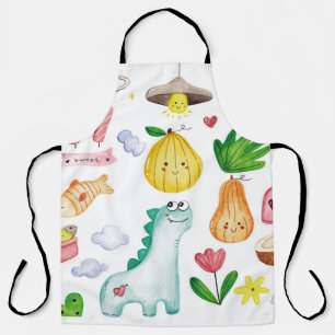 Kawaii watercolor doodles, sticker ready. apron