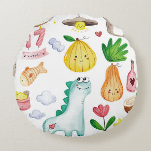 Kawaii watercolor doodles, sticker ready. round cushion