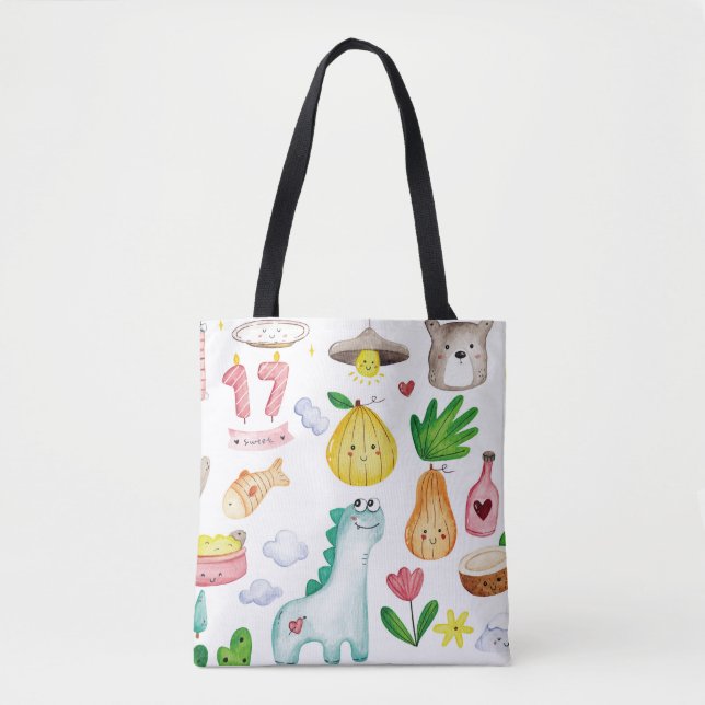 Kawaii watercolor doodles, sticker ready. tote bag (Front)