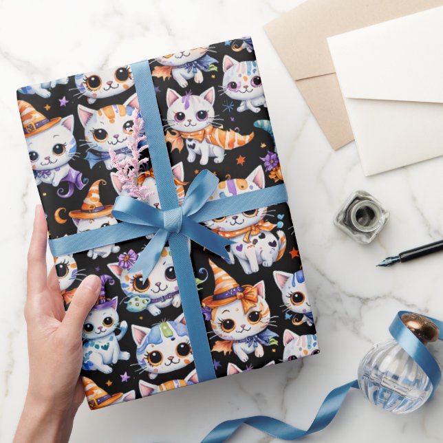 Kawaii Watercolor Halloween Witch Kittens Wrapping Paper (Gifting)