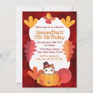Kawaii Watercolor Thanksgiving Owl Birthday Invitation