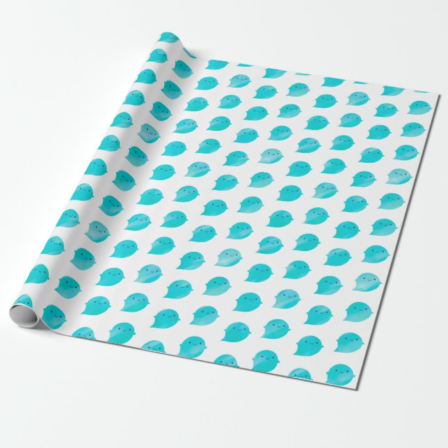 Kawaii Watercolour Ghosts (Ocean) Wrapping Paper (Unrolled)
