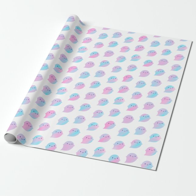 Kawaii Watercolour Ghosts (Unicorn) Wrapping Paper (Unrolled)