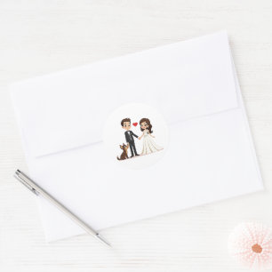 Kawaii Wedding Couple with Dogs – Chibi Style Classic Round Sticker