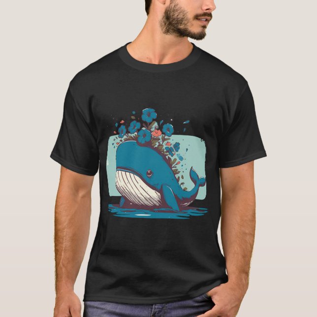 Kawaii Whale And Petunias Garden T-Shirt (Front)
