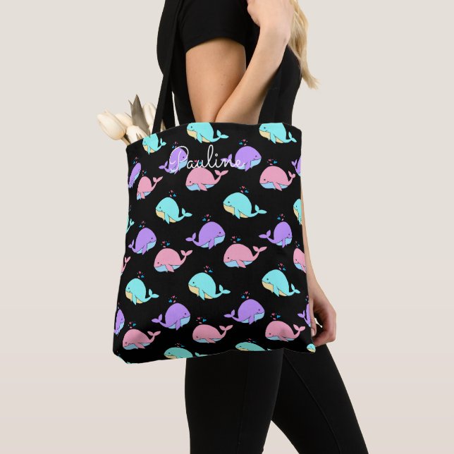 Kawaii Whale Pattern Customized Black Tote Bag (Close Up)
