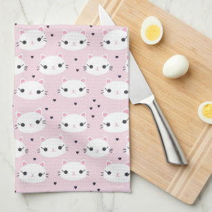 Kawaii White Cat Face Pattern on Pink Tea Towel
