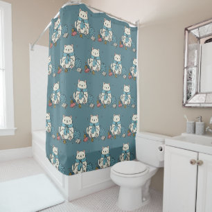 Kawaii White Cat Knitting Blue Yarn Accent Pattern Shower Curtain
