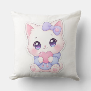 Kawaii White Kitten Heart & Purple Bow Pillow