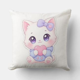 Kawaii White Kitten Heart & Purple Bow Pillow