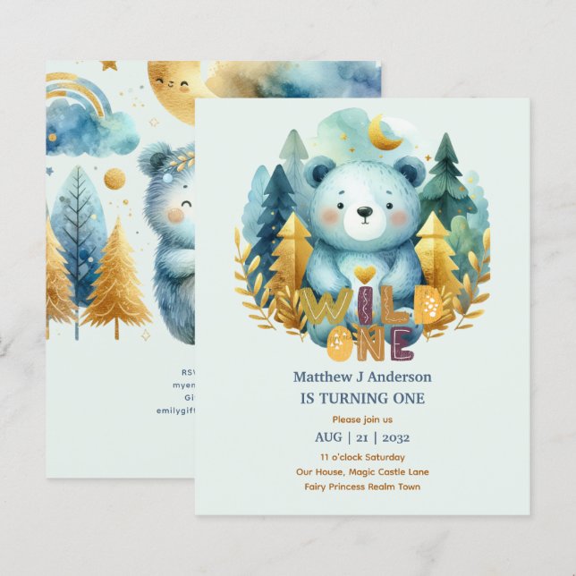 Kawaii WILD ONE 1st Birthday Boys BEAR Woodland (Front/Back)