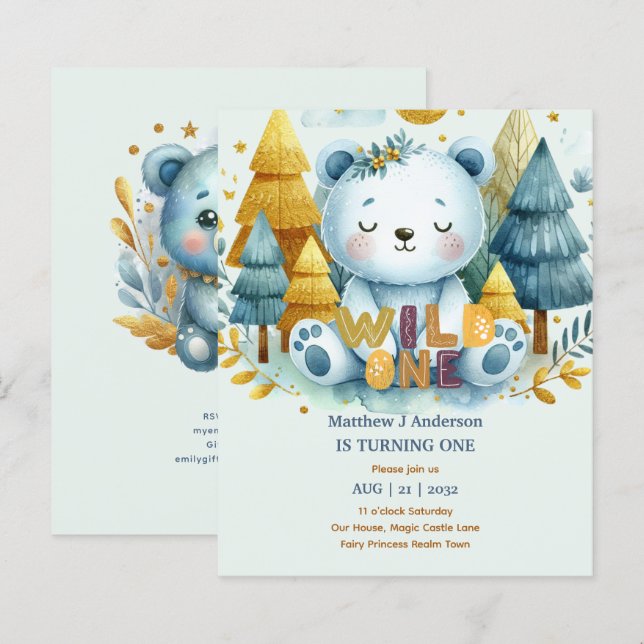 Kawaii WILD ONE 1st Birthday Boys BEAR Woodland (Front/Back)