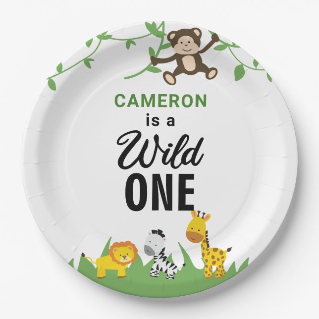 Kawaii Wild One Birthday Safari Jungle Animals Paper Plate (Front)