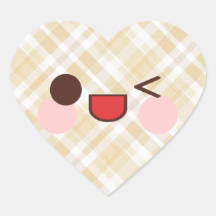 Kawaii Winking Face Brown Plaid Heart Sticker