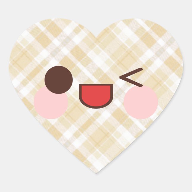 Kawaii Winking Face Brown Plaid Heart Sticker (Front)