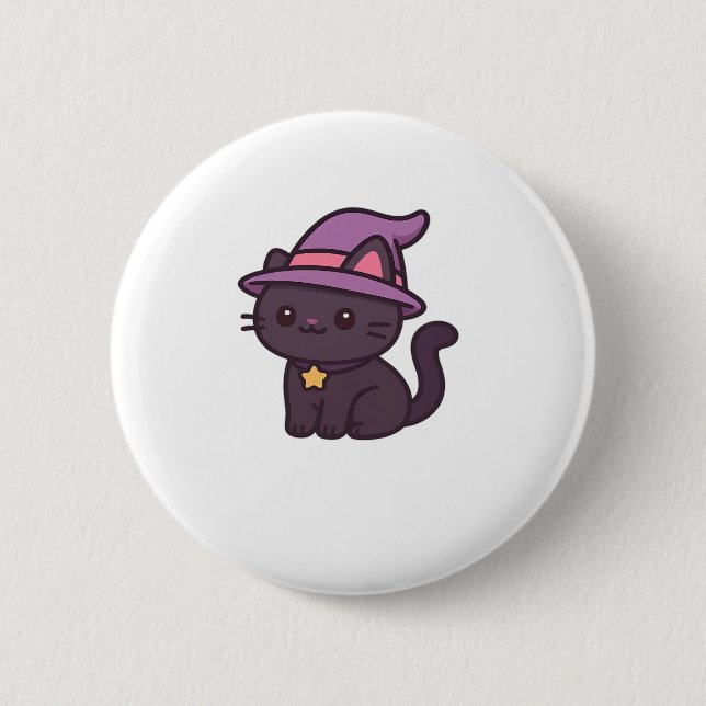 Kawaii Witch Cat in Purple Hat Classic T-Shirt 6 Cm Round Badge (Front)