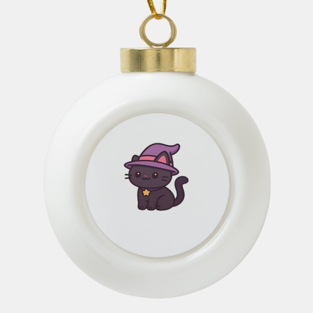 Kawaii Witch Cat in Purple Hat Classic T-Shirt Ceramic Ball Christmas Ornament (Front)