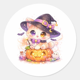 Kawaii Witch Cat & Pumpkin Classic Round Sticker