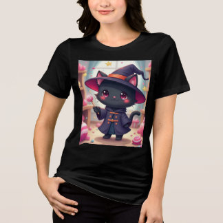 Kawaii Witch Cat with Candy & Stars Tri-Blend Shirt