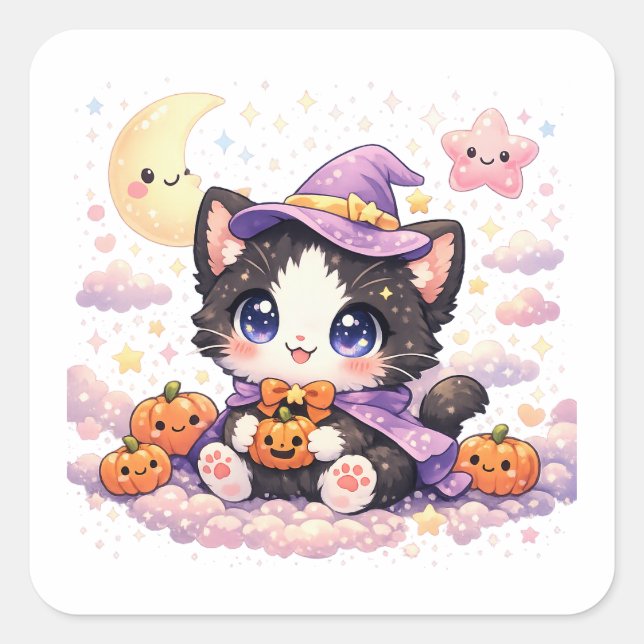 Kawaii Witch Cloud Kitty  Square Sticker (Front)