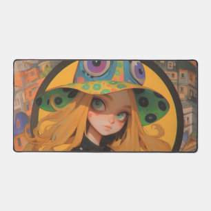 Kawaii Witch & Eyeball Hat in Fantasy City Desk Mat